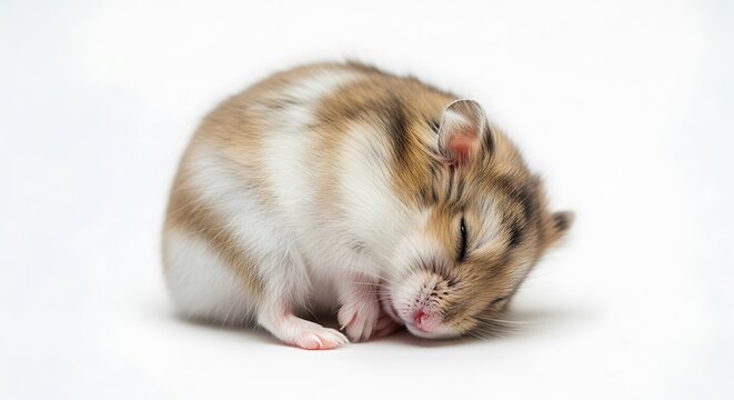 Cute striped dwarf hamster sleeping peacefully on white background