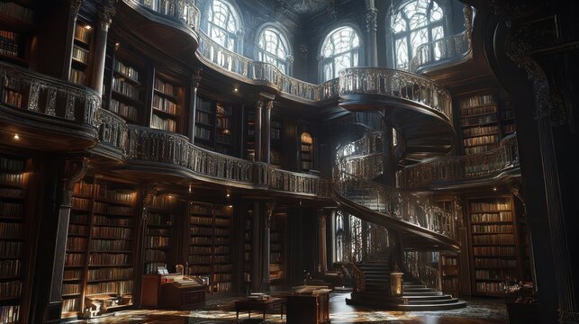 Grand, ornate library with winding staircases and tall bookshelves.  Sunlight streams through arched windows