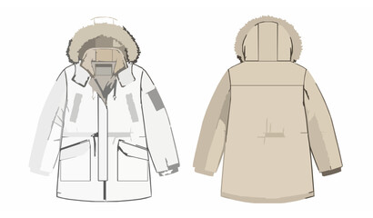 Faux Fur Collar Hooded Parka Coat Technical Fashion Illustration CAD Template © Joyantaroy
