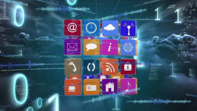 Animation of data processing and cube with icons over binary coding