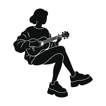 Minimalist Silhouette of a Person Playing Ukulele in a Melancholic Mood isolated on White Background