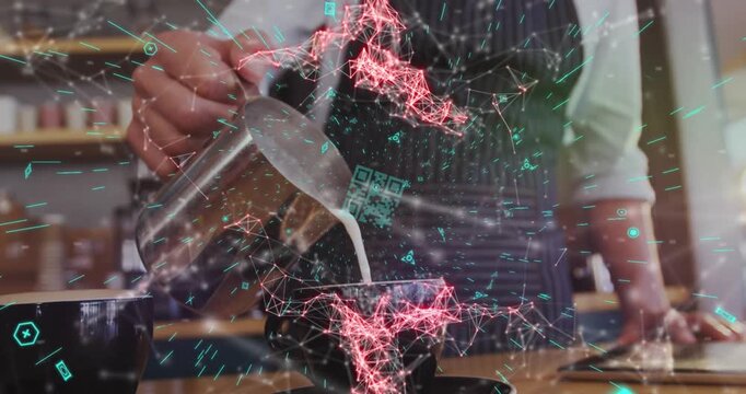 Animation of dots forming abstract shapes, qr code over midsection of barista pouring milk in coffee