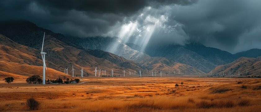 A field of wind turbines on rolling hills under dramatic skies with beams of sunlight breaking through clouds