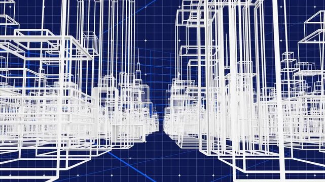 3D skyscraper blueprints animate on green screen, showcasing their scale.