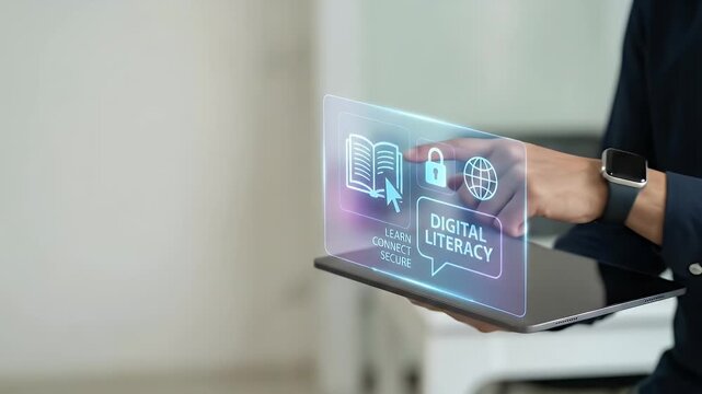 Hand interacting with holographic digital literacy activities with empty space background concept as A hand engaging with a holographic device to participate in digital literacy activities emphasizing