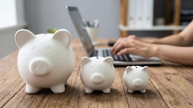 Close-up of three white ceramic piggy banks representing a family or tiered savings on a wooden desk, the persons hands are visible in the background working on a laptop, static framing with soft neut