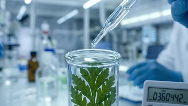 Macro close-up of a laboratory pipette releasing a droplet of clear liquid into a glass test tube containing green leaves, subtle ripple forming on contact, cool clinical lighting with blurred lab bac