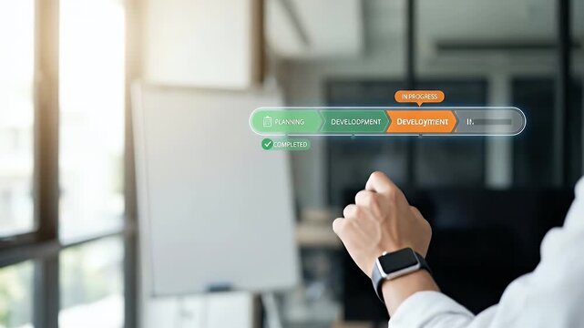 Hand interacting with a floating progress bar with steps marked as In Progress and Completed to illustrate progress tracking in project management concept as Hand manipulating a floating progress bar 