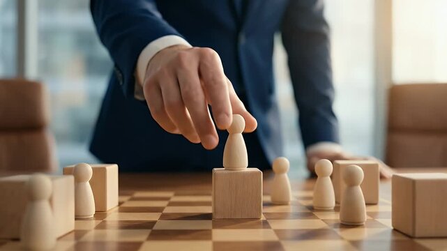Static eye-level shot of a suited professional placing a wooden figure onto a higher stacked block among aligned figures on a chessboard surface, slow cinematic push-in with soft directional lighting 
