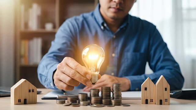 Medium shot of a man positioning a glowing light bulb above stacks of coins and small house models arranged on a desk, slight hand adjustment as the bulb illuminates the scene, warm ambient lighting w
