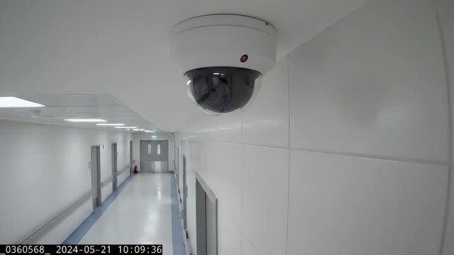 Low-angle static shot of a white dome CCTV camera mounted on a white wall with a red recording light visible, clean and bright clinical environment, realistic security and surveillance stock footage s