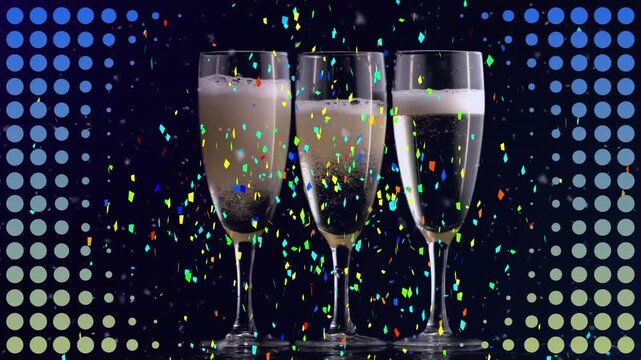 Animation of shapes and confetti over glasses of champagne