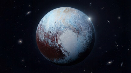 Fototapeta premium The dwarf planet Pluto illuminated against a dark, star-filled cosmic background.