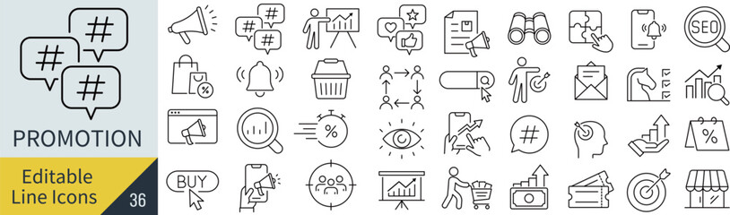 ベクターでモノクロのプロモーションに関する線画アイコンセット
