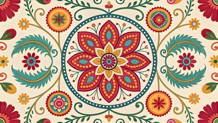 Vibrant floral pattern with intricate mandala design elements