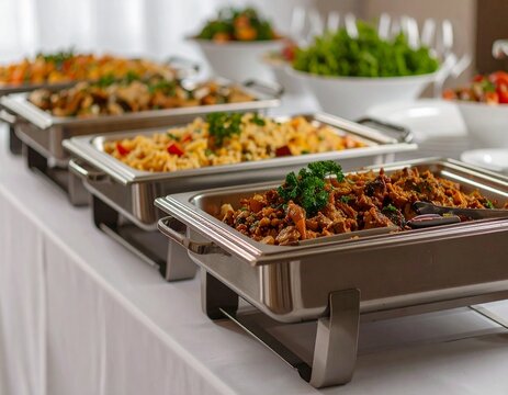 Buffet Catering Table with Stainless Steel Chafing Dishes. A buffet-style catering setup featuring multiple stainless steel chafing dishes arranged on a white tablecloth-covered table.