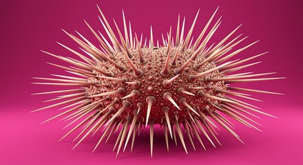 Fototapeta premium A pink sea urchin with long sharp spines on its body isolated on a pink background one animal from the ocean