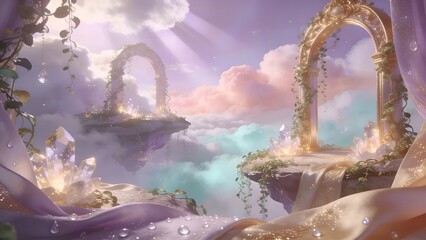 Celestial Floating Islands with Golden Archway and Glowing Crystals: Dreamy Heavenly Fantasy Background