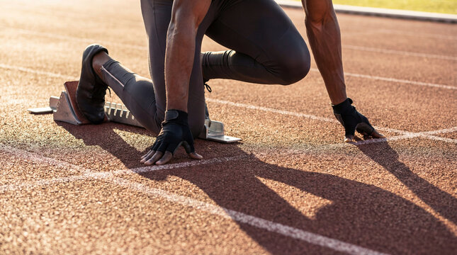 An athlete getting ready at the starting blocks on a running track.
