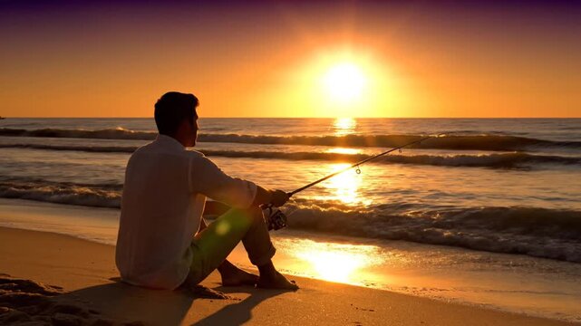 A Man Fishing on the Beach During Sunset in a Golden and Peaceful Scene