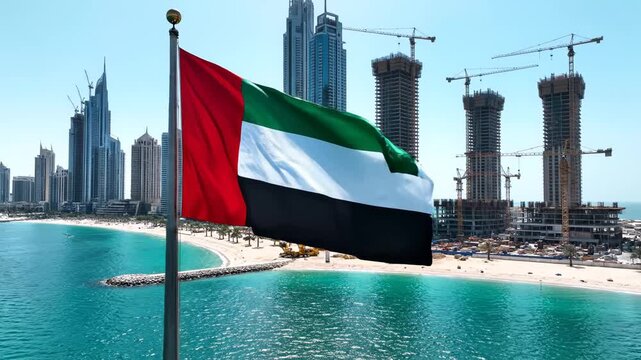 UAE flag waving by beach with skyscrapers
