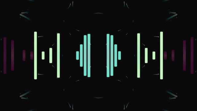 Abstract blue vector illustration featuring a digital music equalizer with audio frequency wave bars and light lines on a dark background for business and sound design