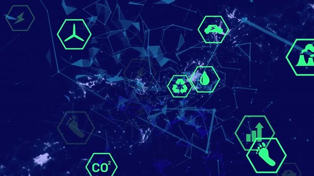 Animation of sustainable energy icons and connected dots forming geometric shapes