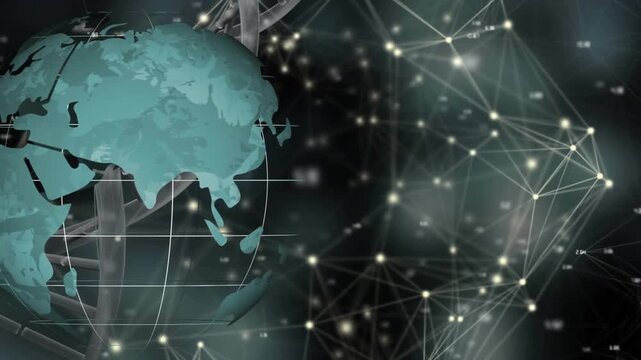 Animation of grid pattern globe and connected dots over lens flares in background
