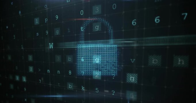 Animation of texts, letters, symbols and numbers over dots forming cloud, padlock and shield