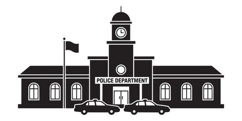 Obraz premium Police department building silhouette with patrol cars and clock tower vector illustration graphics