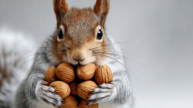 Squirrel holding multiple nuts in its paws, showcasing detailed fur texture and bright eyes against a soft gray background