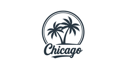 Obraz premium Logo design featuring two palm trees in a circle with the word 'Chicago' on a white background.