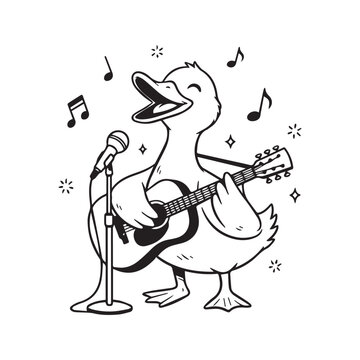 Funny duck playing acoustic guitar and singing into a microphone. Cute bird musician doodle sketch. Black and white line art vector illustration with text It's me hi.
