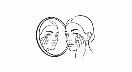 Stylized illustration of a woman applying makeup to her face using a mirror