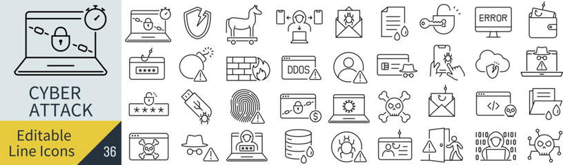 線の編集ができるサイバー攻撃に関するアイコンセット（アウトライン化していない）
