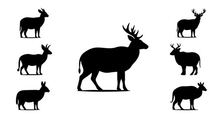 Naklejka premium Collection of diverse deer, stag, and various horned animal silhouettes in elegant black, perfect for nature-themed graphic designs and wildlife-inspired projects