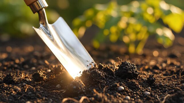 Garden trowel digging into soil