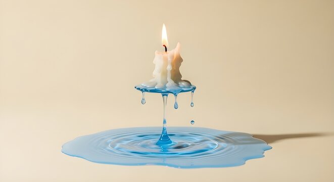 A creative conceptual image of a burning white candle sitting on a floating blue water platform with droplets, symbolizing melting or fluidity against a beige background.