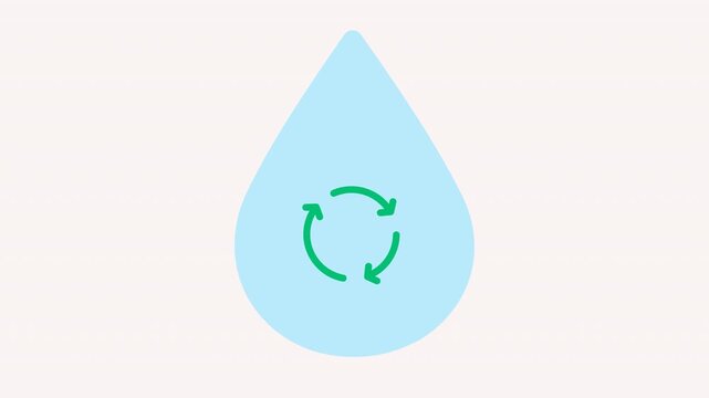 Animated icon of a light blue water droplet containing a rotating green arrow circle, symbolizing water recycling, conservation, or the natural water cycle, t transparent background 4k quality.