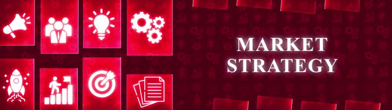 Market Strategy concept with glowing icons and text on a dark red background with patterns Keywords: market strategy, marketing, business, planning, growth, sales, promotion, advertising