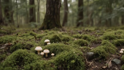 Small white mushrooms growing on a vibrant green mossy forest floor with blurred trees in the background.