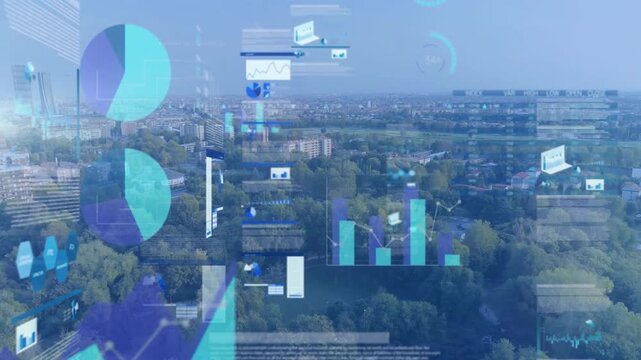 Translucent data visualizations being animated in aerial city park scene, with charts and UI panels