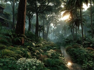 Obraz premium A lush tropical rainforest filled with exotic plants and wildlife.