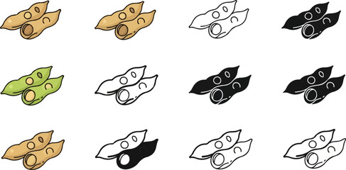 Fototapeta premium Stylized illustrations of soybean pods in various colors and styles
