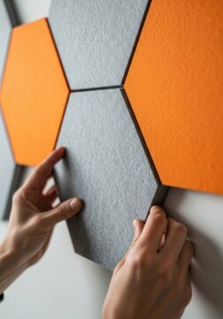 Woman installing gray hexagonal acoustic panel on wall. Soundproofing material for noise reduction. Interior design and home improvement concept.