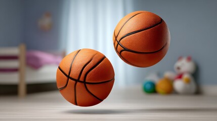 Fototapeta premium Two orange basketballs floating above a wooden floor in a child's bedroom with soft lighting and colorful toys in the background