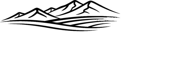 Stylized ink brush strokes depict a mountain range over rolling hills