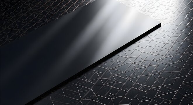 A sleek black matte card rests on a luxury geometric textured background with dramatic highlights.