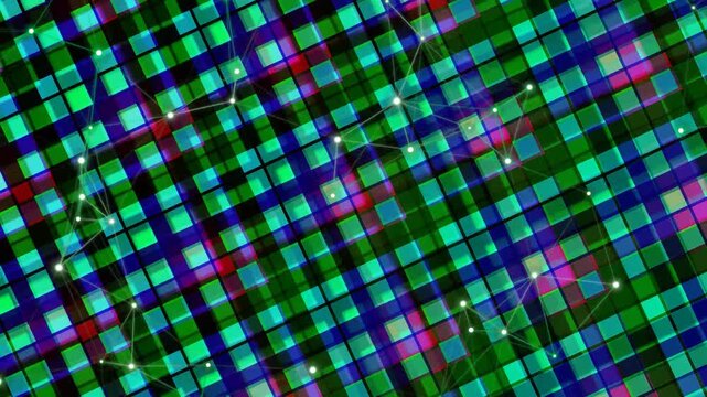 Abstract Digital Background with Interconnected Glowing Nodes and Colorful Geometric Squares, Representing Technology and Data Network