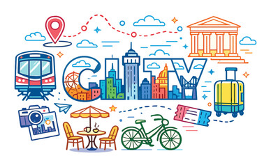 City travel and tourism collage with skyline train camera bike cafe and suitcase for design, poster, card, background